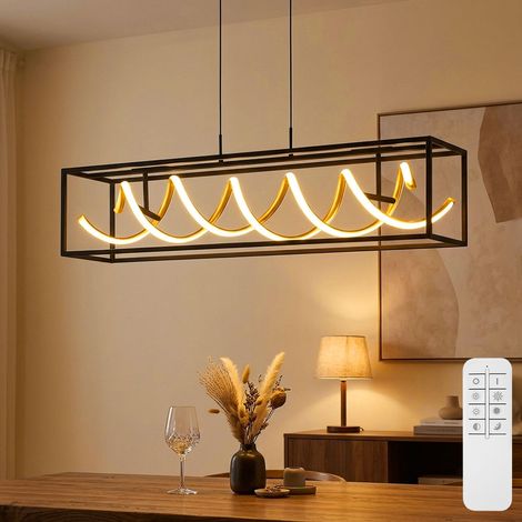 Lampada a sospensione LED dimmerabile Lampada a sospensione regolabile in altezza per sala da pranzo telecomando, CCT, oro nero, 42W 5100Lm bianco caldo-freddo, LxLxH 90x20x150 cm (1/5)