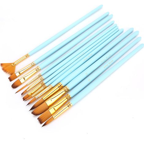 Ensemble de 12 pinceaux en nylon pour aquarelle, outils de peinture et loisirs créatifs. 12 tiges bleu mat. (1/5)