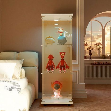 Vitrinenmöbel - Gehärtetes Glas - Integrierte LED-Beleuchtung - 3 Einstellbare Etagen - Elegantes Weiß