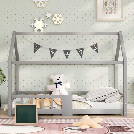 Lit Cabane 90x200 cm avec Barrière et Sommier – Lit Enfant en Bois de Pin Massif avec Tableau – Gris (1/5)