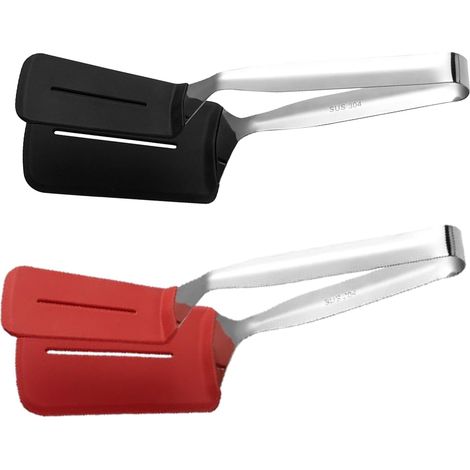 Flache Zange, Spatelzange aus Edelstahl mit Silikongriff, multifunktionales Grill- und Küchenwerkzeug, rutschfester Pfannenwender für gebratene Steaks und Pfannkuchen, 304 Edelstahl-Silikonmaterial (2