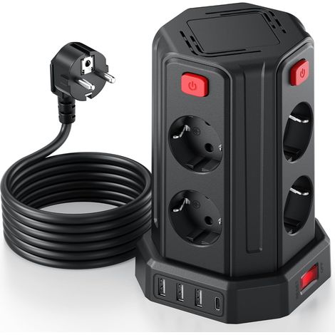 Tour Multiprise avec Interrupteur, Multiprise Parafoudre et Surtension avec 8 Sortie AC et 4 Ports USB(Max 5V/3.4A) Prise Multiple Rallonge Electrique 3M Convient pour Maison, Bureau, Noir (1/5)
