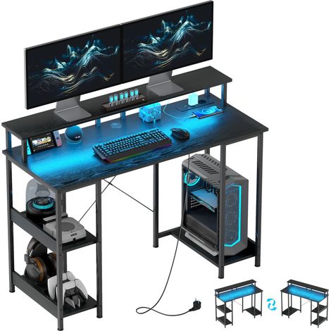 Scrivania per PC 120x 50x89,5 cm Reversibile con Prese Elettriche Luci e Supporto Monitor Nero (1/5)