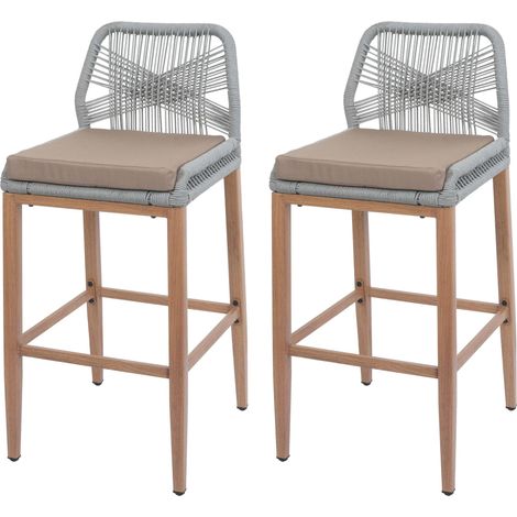 Lot de 2 tabourets de bar Rope HHG-982, coussins d'extérieur en corde tressée métal aspect bois, gris clair, coussin taupe
