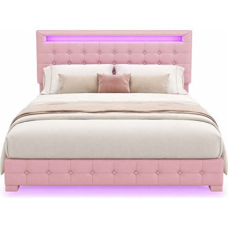 Lit flottant 140 x 200 cm avec LED d’ambiance, tête de lit réglable 3 positions, PU rose, structure MDF, style suspendu moderne – CHICFURN (1/5)
