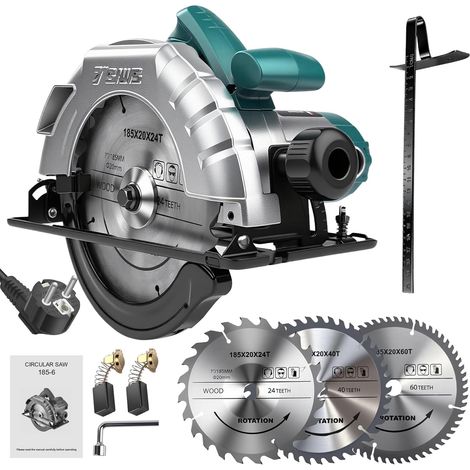 Scie Circulaire 1200W avec Rail de Guidage, Scie Circulaire Électrique Filaire 5200RPM, Profondeur de Coupe Max : 60mm (90°) et 45mm (45°), 3 Lames de Scie Ø : 185mm (24T + 40T + 60T) pour Bois, PVC (1/5)
