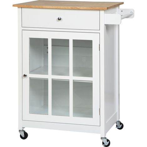 Carrello da Cucina Multiuso con 4 Ruote, in Legno Bianco, 67x48x86.5cm