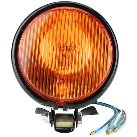 Phare de moto universel style rétro vintage, accessoire de modification pour moto. Coque noire, verre jaune. (1/2)
