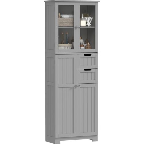 Meuble de salle de bain haut - HOMCOM - 4 portes dont 2 vitrées, 2 tiroirs et étagères réglables - MDF - 60x30x170cm - gris