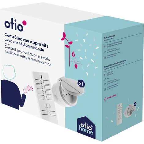 Otio – Prise d'extérieur IP44 avec télécommande 16 canaux – Alimentation 230V, 3000W – Portée 100m – Installation plug & play