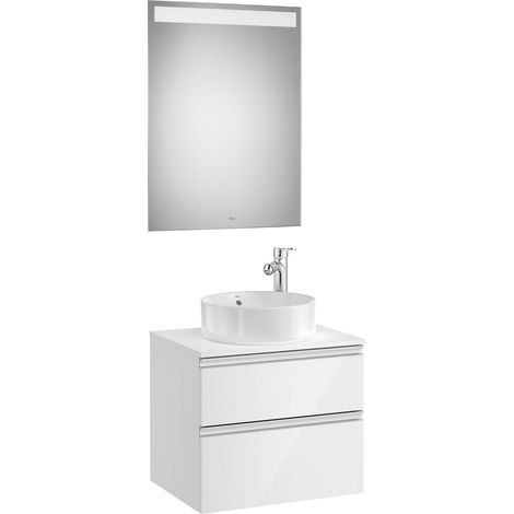 Pack meuble "The gap" 600 pour vasque à poser - 2 tiroirs + plan + miroir LED - blanc brillant/poignées alu brillantes - Roca (1/2)