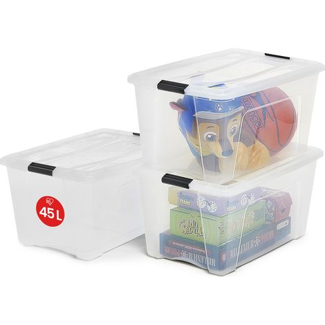 Iris Ohyama, contenitore in plastica con coperchio, 45L, lotto da 3, trasparente, NTB-45