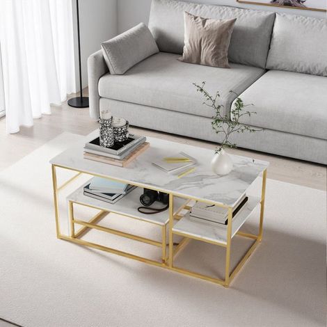 Tavolino da salotto - con piano bianco e gambe dorate - tavolino moderno - tavolino in marmo - Quadrato - 105x52x48 cm (1/5)