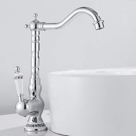 Mitigeur Robinet Antique à Levier Unique pour Lavabo - Laiton Chaud et Froid - Laqué - Brown (1/5)