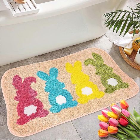 tapis de bain lapin de Pâques, tapis de printemps touffeté antidérapant et absorbant l'eau, idéal pour la salle de bain, la douche, la cuisine et la décoration. (1/5)