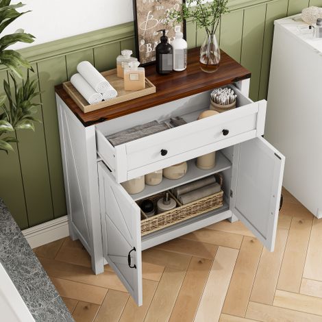 Meubles de rangement style ferme avec tiroirs et étagères réglables, meubles de cuisine avec plans de travail en noyer, consoles-buffets modernes pour coin café — idéales pour cuisine, salle à manger,