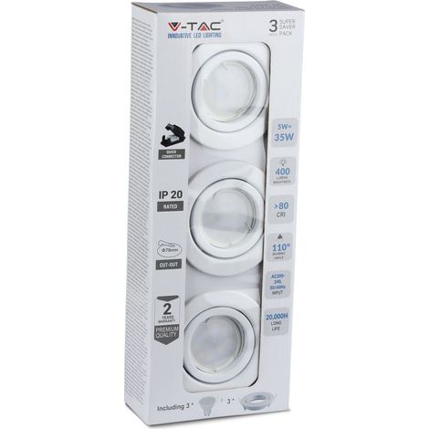V-TAC LED Spot Light - GU10 - Raccord - IP20 - Blanc - 5W - 400 Lumens - 6400K - Lot de 3 (1/5)