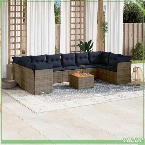 Salon de jardin - 3256166 - Résine tressée gris - Modulaire 11 pièces - Coussins bleu marine (1/5)