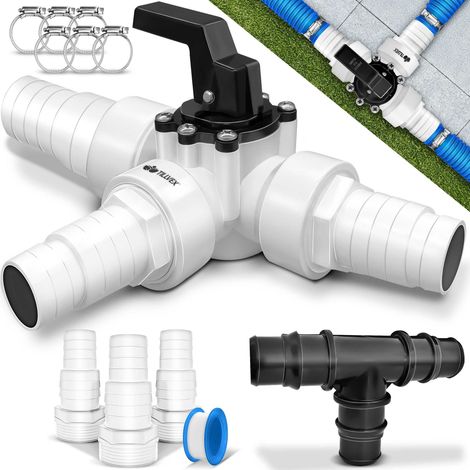 tillvex® Bypass Set Pool 12-tlg. - Ø32 & 38 mm Anschluss 3-Wege-Ventil & ABS-Adapter 6x Schlauchschellen & 8m Isolierband – ideal für Sandfilteranlagen, Wärmepumpen & Poolheizung (schwarz) (1/5)