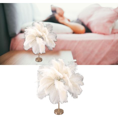 Lampe de table en plumes d'autruche, lampe de table moderne et créative en plumes d'autruche, lampe décorative romantique rechargeable, lampe de chevet nordique, blanche (1/5)