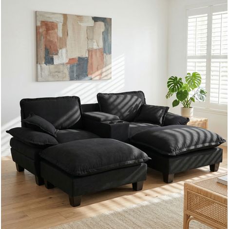 Canapé d'angle modulable avec ottoman amovible, ports USB, rangements et porte-gobelets, en chenille noire (1/5)