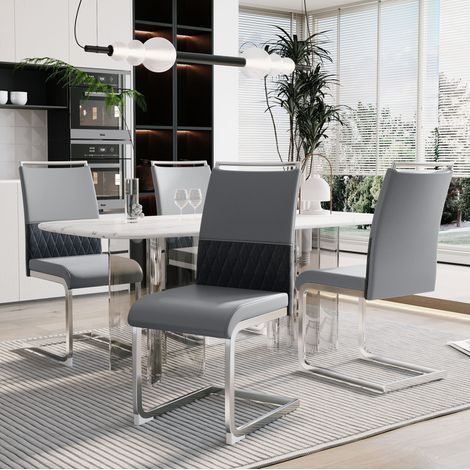 Lote de 4 sillas de comedor, respaldo alto en PU y lino, acolchado ergonómico, gris DESVIAE (1/5)