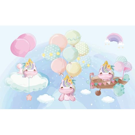 Papier peint panoramique Enfants - Licornes Ballons - 130 cm x 81 cm (1/2)