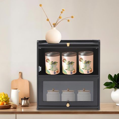 Moderner Küchengeschirrschrank mit 2 transparenten Acryltüren - Bambusschränk - Stapelschrank für Küche, Wohnzimmer, Büro (schwarz) (1/5)