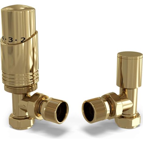Talus Bold - Polished Brass Thermostatic Radiator Valve & Lockshield Angled 15mm