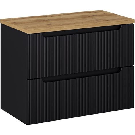 Badezimmer-Set VANO 80cm: Unterschrank mit gerillten mattschwarzen Schubladen + Waschtischplatte in heller Eichenoptik