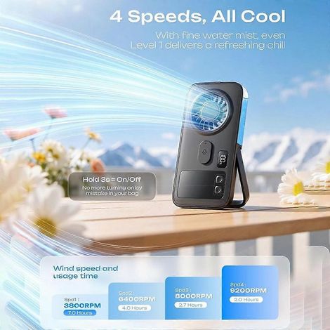 Ventilateur brumisateur portable, rechargeable, quatre vitesses, affichage LED, ventilateur brumisateur rafraîchissant personnel, noir. (1/5)