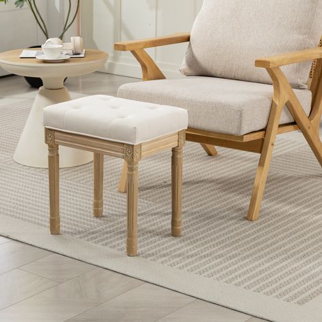 Repose-pieds du salon beige style rustique Rembourré en lin synthétique avec pieds sculptés en bois massif Siège