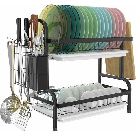 Dish Rack, 2-Tier Stainless Steel Dish Drainer Rack with Dish Rack, Utensil Holder, Cutting Board Holder, Large Rust-Proof Dish Drainer, Black (1/5)