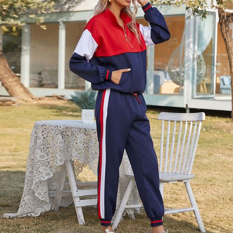 Ensemble de survêtement deux pièces pour femme, color block, fermeture éclair, décontracté, confortable et tendance, rouge et bleu, taille XXL.