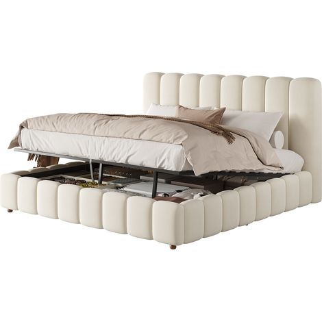 Letto con contenitore 180x200 con rete e testiera imbottita beige HAVRYA (1/5)