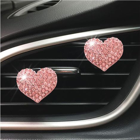 Lot de 2 breloques à clipser pour grille d'aération de voiture, désodorisants en forme de cœur en cristal, diffuseur d'huiles essentielles en strass pour climatisation (rose)