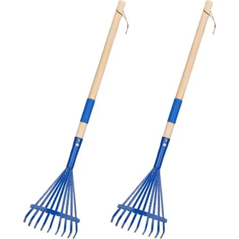(Bleu) NOCM Lot de 2 râteaux pour enfants avec manche en bois dur et design mignon, outil de jardinage pour enfants de plus de 3 ans (bleu) (1/5)