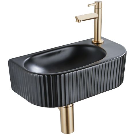 QeramiQ Fuente Ensemble lave-mains - 40x21.5x12cm - droit - cannelé - semi-circulaire - 1 trou de robinet - céramique - robinet lave-mains laiton (1/5)
