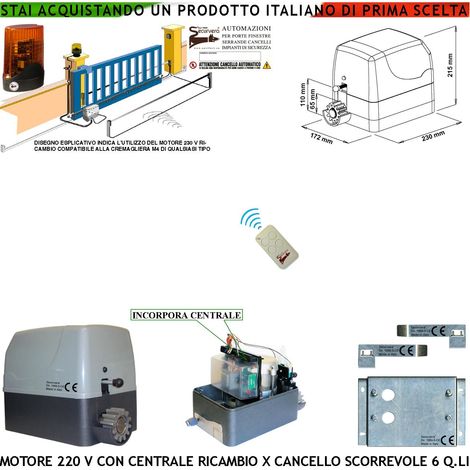 Motoriduttore 230 V Con Centrale Radiocomando Faro Per Sostituzione Cancello Scorrevole 6 Q.li di Qualsiasi Marca Fine Corsa Accessori di Fissaggio Condensatore Pignone Z12 Per Cremagliera Nylon M4