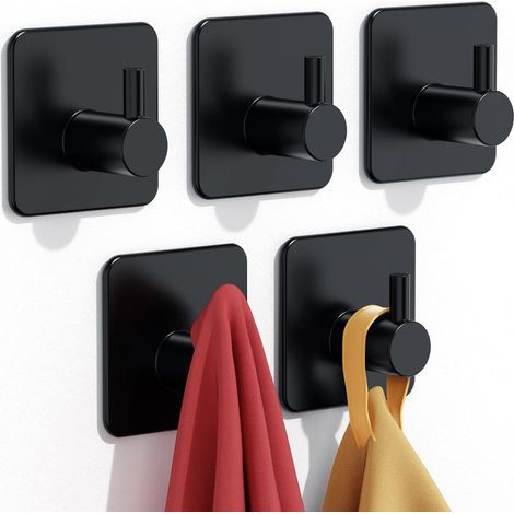 Handtuchhalter 5 Stück Handtuchhaken Klebehaken Wandhaken Selbstklebend aus Edelstahl ohne Bohren, Ideal für Bad Toilette Küche Büro, Schwarz (1/5)