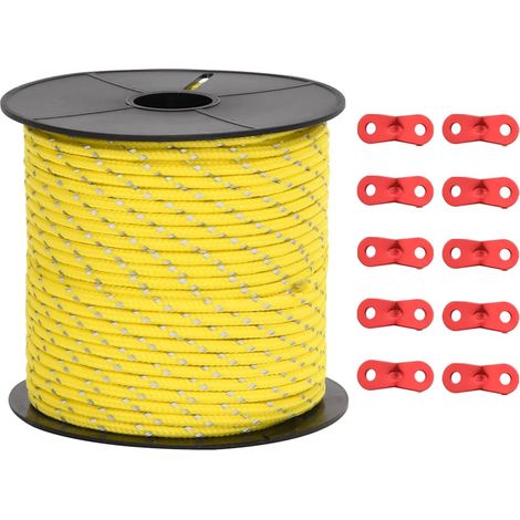 Corde de haubanage tente camping réfléchissante polypropylène jaune 4 mm x 50 m avec 10 tendeurs (1/5)