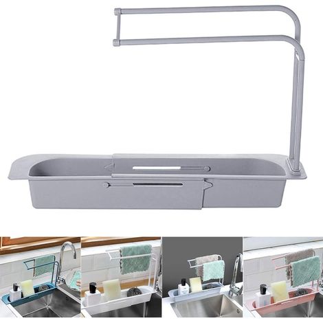 Telescopic Sink Rack Telescopic Drain Tray Basket with Extendable Sponge Towel Rack Soap Dish Drainer for Home Kitchen Gray