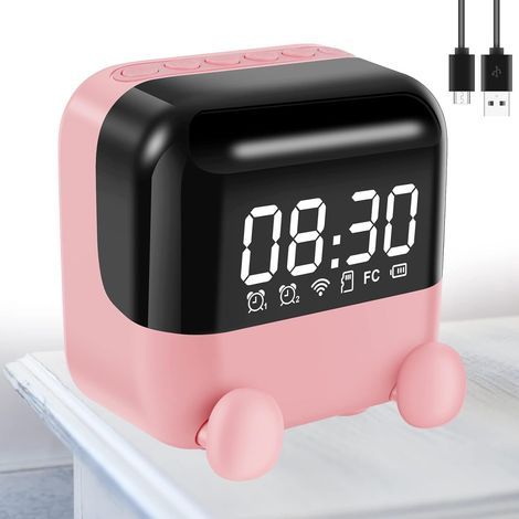 Réveil avec haut-parleur Bluetooth et radio FM, rechargeable, avec batterie de 1400 mAh et grand écran LED (rose) (1/5)