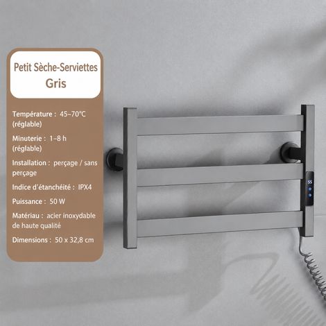 Sèche-serviettes électrique version intelligente 3 barres gris pistolet contrôle intelligent de la température sortie de câble à droite 55,5 × 34,5 × 7,5 cm 2,2 kg – Livraison gratuite (1/4)