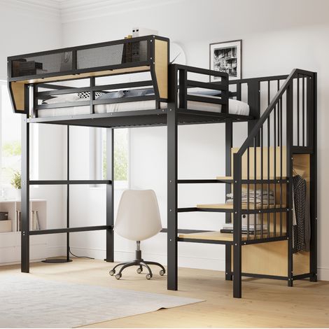 Lit mezzanine métal noir 90x200 cm avec échelle de sécurité et étagère de rangement modulable (1/5)