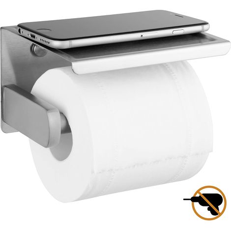 Portarotolo carta igienica senza foratura con ripiano, portarotolo carta igienica autoadesivo in acciaio inox SUS 304 per cucina e bagno, installazione autoadesiva o con viti, nichel spazzolato, argen (1/5)