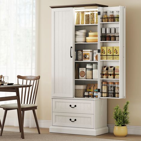 Buffet de cuisine haut avec éclairage LED à détecteur, armoire 2 battants, tiroirs et étagères réglables, blanc 76x39,5x183 cm
