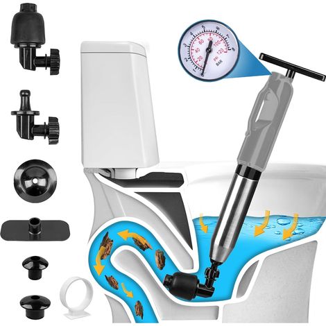 Déboucheur WC Ventouse Haute Pression avec Baromètre, 3 Têtes de Piston et Gonfleur pour Évier, Baignoire, Douche, 4 Accessoires Complet pour Dégorgement Éfficient (2e, Gris)