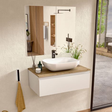 BELLOBATH- Meuble de salle de bain suspendu avec lavabo en céramique et miroir, Meuble Monté 1 tiroir, 60 x 27 x 45 cm, meuble blanc et plateau chêne (1/5)