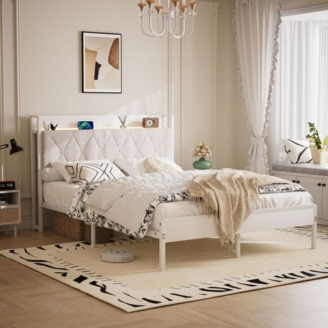 Letto imbottito 140 x 190 con stazione di ricarica (2 prese CA, 2 porte USB), struttura letto con testiera imbottita e vano contenitore, letto matrimoniale per camera da letto con struttura letto, bia (1/5)